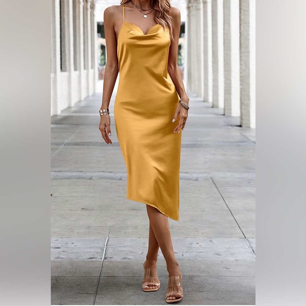 Women's Summer Satin Dress Sexy Sleeveless Spaghetti Strap Side Slit Cowl Neck